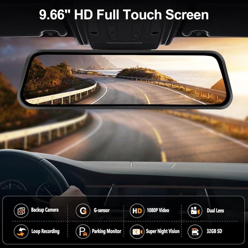 AMprime Mirror Dash Cam 9.66" 1080P Front and Rear View Dual Cameras Rear View Mirror Dash Cam with Night Vision,G-Sensor,Parking Assistance,24H Parking Monitor,HD Waterproof Backup Camera,Free 32GB Card - Image 2